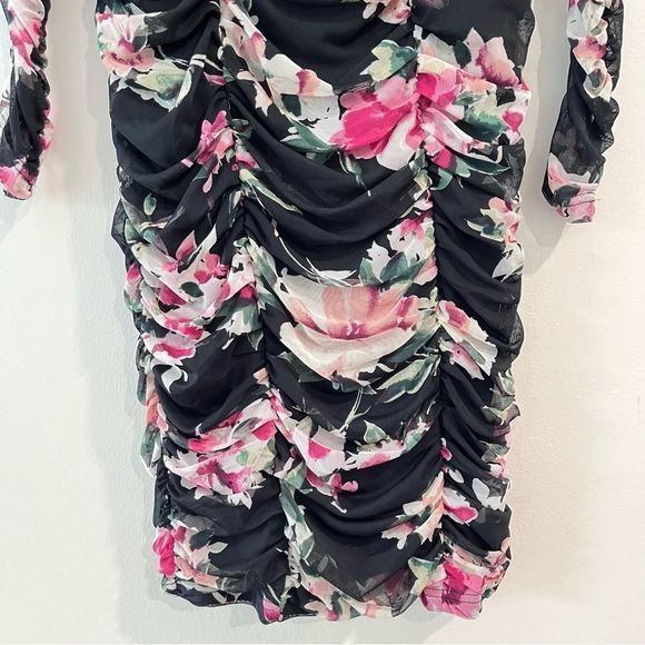 Lulus Ayana‎ Black Pink Floral Ruched Mesh Bodycon Dress SMALL - Picture 7 of 14